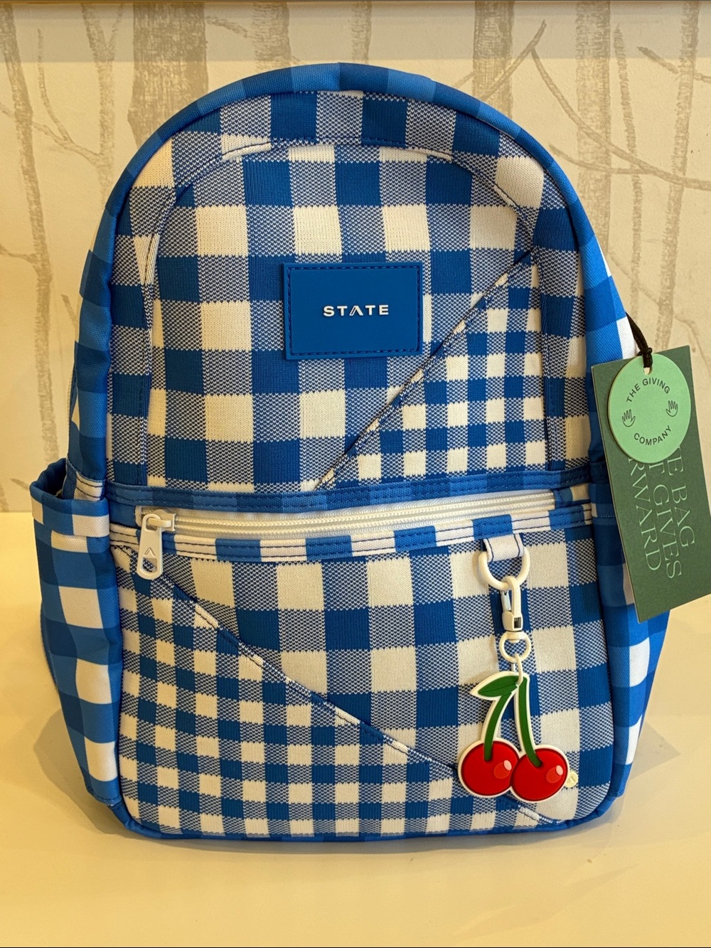 STATE Blue & White Gingham Mini Backpack with Cherry Charm - Picture 11 of 11